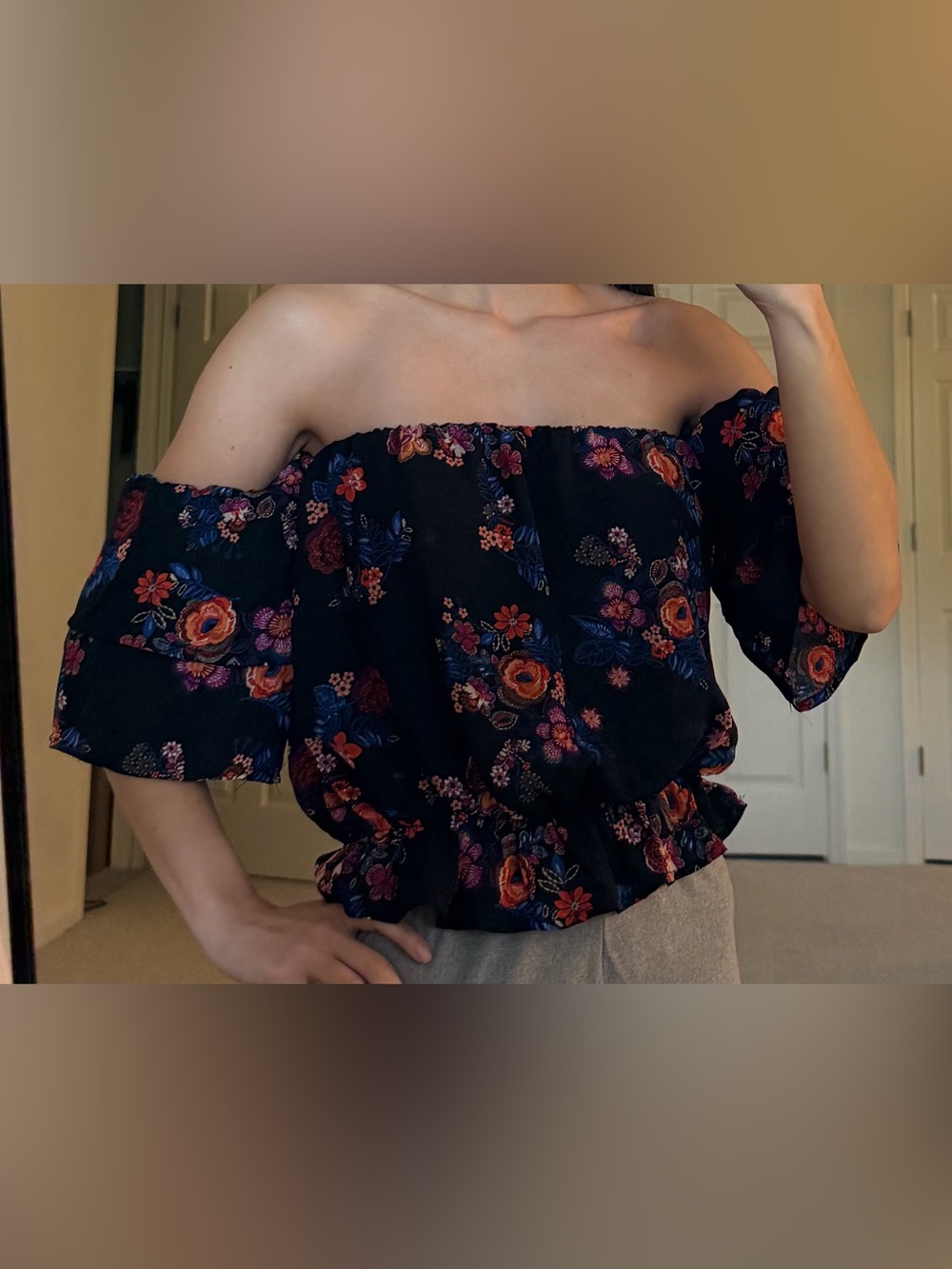 Lily White Black Off-Shoulder Floral Peasant Top
